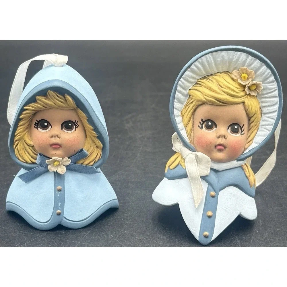 2 Vtg Ceramic Christmas Ornaments Handmade Bisque LITTLE GIRL YOUNG LADY
